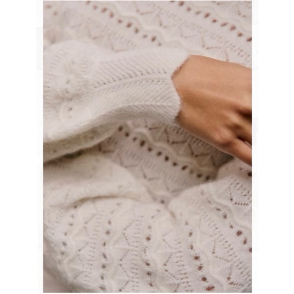 SEZANE Ecru Cream Open Knit Mohair Wool Scalloped Mock Neck Sweater Lya Jumper - Picture 3 of 12